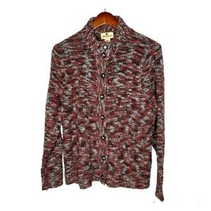 Woolrich Womens Cardigan Sweater Gray Red Marled Long Sleeve Mock Neck Med